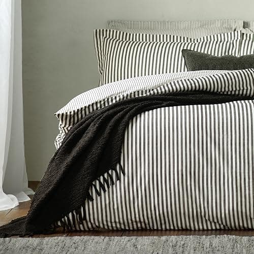 furn. Yard Hebden Mélange Stripe Cotton Duvet Set – Ultra Soft Reversible Striped Bedding (Black – Single) thumbnail 3