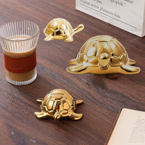 TQUPT Golden Turtle Statue Set,Sculptures Gold Turtle Ornament Ceramic Statue Home Accessories Gold Desk Home Indoor Decorative Collectible Decor or Elders (3 Pieces) thumbnail 2