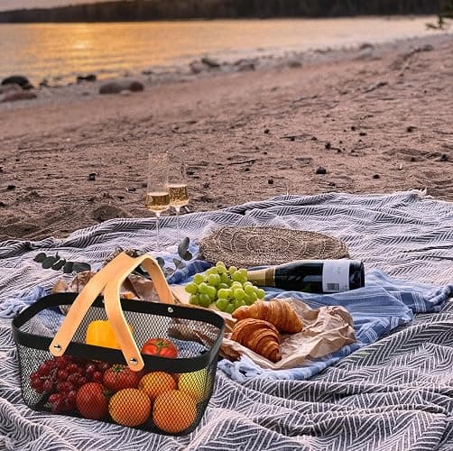 Cheardia 2 Pack Picnic Baskets, Metal Mesh Harvest Basket with Foldable Wooden Handle, Rectangle Garden Storage Basket Bin for Vegetable Fruit Garden Kitchen Cabinet Picking Gathering thumbnail 2