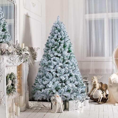 Yaheetech 6ft Premium Snow Flocked Artificial Christmas Tree Hinged Pine Full Holiday Xmas Tree for Home Office Party Decoration with 820 Branch Snow Tips and Metal Stand thumbnail 6