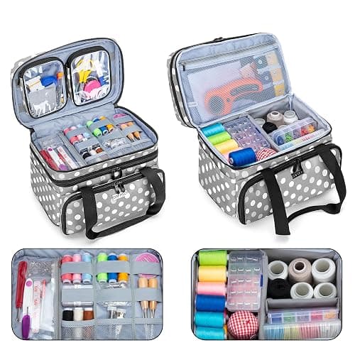 BAFASO Double Layer Sewing Accessories Organizer with 2 Detachable Pouches, Large Sewing Storage Bag for Sewing Tools (Bag ONLY), Polka Dots thumbnail 2