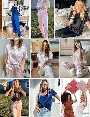 Ekouaer Womens Satin Silky Pajama Set Short Sleeve Shirt with Long Pajama Pant Set Soft PJ Loungewear thumbnail 6
