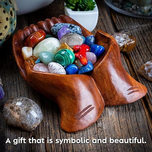 Curawood Carved Hands Offering Bowl - Crystal Holder for Stones, Rock Collection Holder, Crystal Display Storage Tray, Wooden Hands Bowl for Keys - Rock Display Case for Shelf, Stand, Altar Decor (M) thumbnail 2