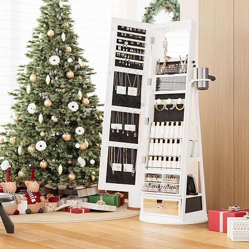 TJYGO Mirror Jewelry Cabinet Standing, 360° Swivel Jewelry Armoire with Drawer LED Lights, Lockable Jewelry Organizer with Storage Shelves thumbnail 2