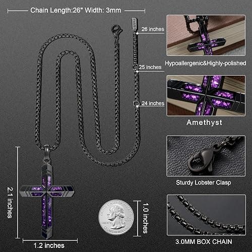 GTMJ Amethyst Cross Necklace for Men with Adjustable Box Chain For Everyday Wear Christian Men's Cross Necklace Jewelry Gifts thumbnail 3