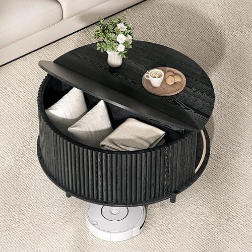 JOINICE,Black Round Coffee Table with Storage, 31.5" Fluted Center Table with Sliding Door, Modern Circle Drum Accent Table for Living Room, Sleek Wood Furniture for Small Spaces & Apartments thumbnail 6