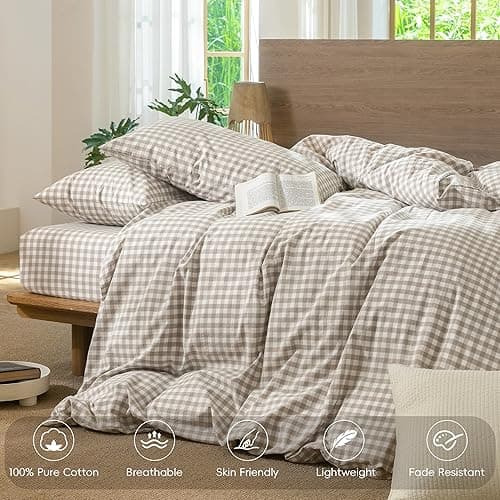 MooMee Gingham Duvet Cover Set 100% Washed Cotton Linen Like Textured Breathable Durable Soft Comfy Modern Checkered Design (Tannish Linen Grey Gingham, Palatial King/Oversized King 120"x98") thumbnail 5