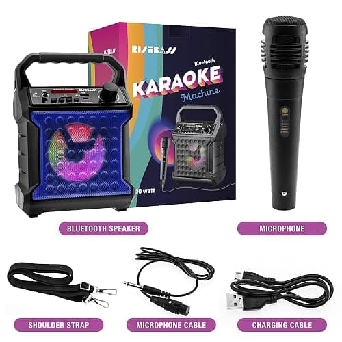 Risebass Portable Karaoke Machine with Microphone with Party Lights for Kids and Adults - Rechargeable USB Speaker Set with Bluetooth, FM Radio SD/TF Card, AUX-in, Birthday Gift for Boys and Girls thumbnail 2
