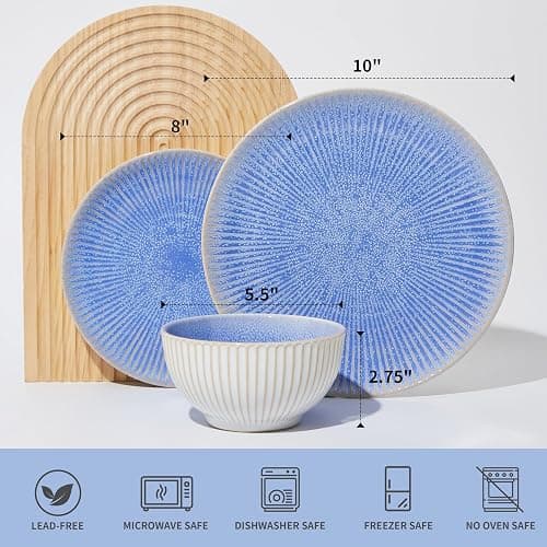 Pokini Ceramic Dinnerware Sets, Handmade Reactive Glaze Plates and Bowls Sets, Highly Chip and Crack Resistant Dish Set, Distinctive Granulated Surface Dishwasher & Microwave Safe Service for 4 thumbnail 3