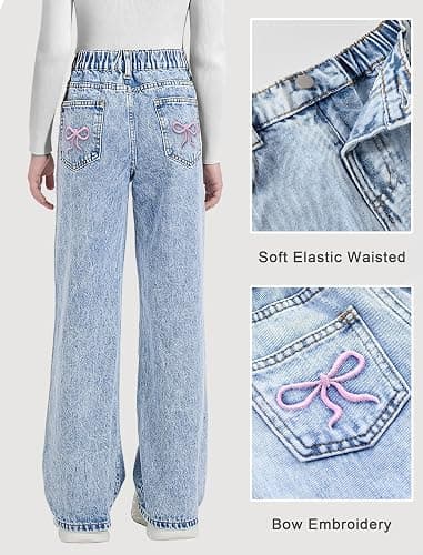 Fulihug Girls Wide Leg Jeans Baggy Bow Embroidery High Elastic Waist Denim Pants Cute Y2K Trendy Tween Streetwear 8-16Y thumbnail 4