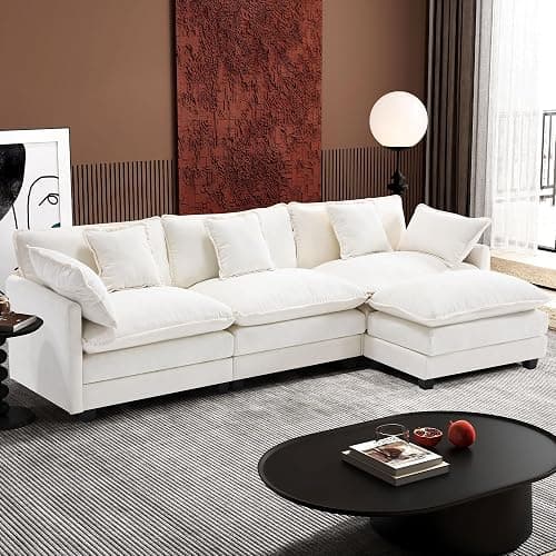 Ihanherry 111.4" L Shaped Modern Sofa Modular Sectional Cloud Couch with Ottoman, 4-Seat Chenille Deep Seat Sofa with Pillow for Living Room, Bedroom and Apartment, Beige - Image 1