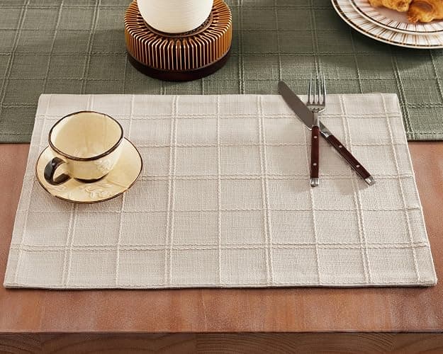 ZeeMart Linen Checked Placemats Set of 6, Plaid Embroidery Textured Table Mats, Double Layer Thick Farmhouse Rustic Place Mats for Kitchen Dining Table Home Decor, Beige 13x19 Inch - Image 1