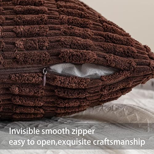 Aegero Pack of 2 Corduroy Decorative Throw Pillow Covers 18x18 InchSoft Boho Striped Pillow Covers Modern Farmhouse Home Decor for Sofa Living Room Couch Bed（Dark Brown） thumbnail 3