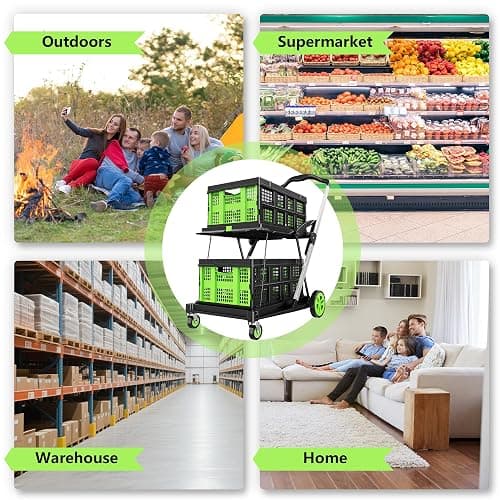 BSMTEK 8-in-1 Max 200LBS Collapsible Shopping Cart on Wheels with 2 Storage Crates, Portable Foldable Shopping Cart with Foot Brake for Picnic, Supermarket, Office, Green-2025 Upgraded thumbnail 7