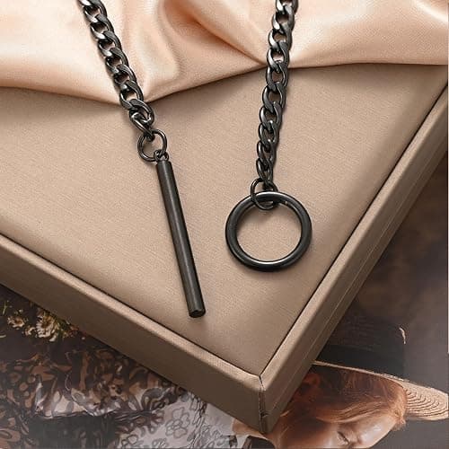 Heart O ring Slip Chain Necklaces for Women Stainless Steel Cuban Chain Bar Necklace Punk Rock Collar Necklace Handmade Adjustable Lariat Y Necklaces for Men thumbnail 6