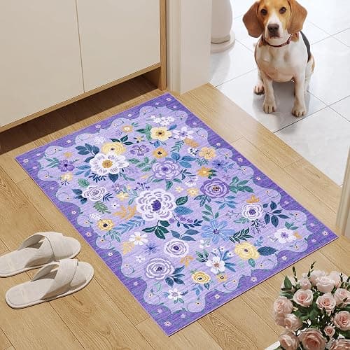 DUKINO 2x3 Rugs for Entryway, Floral Indoor Washable Door Mat, Non Slip Boho Small Rug for Kitchen, Soft Low Pile Front Door Throw Rug for Entrance, Bedroom, Kitchen, Laundry, Bathroom, Purple thumbnail 2