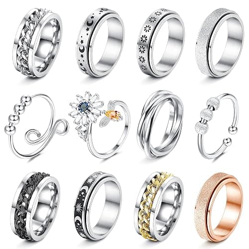 FASACCO 12Pcs Fidget Anxiety Rings for Women Men - Spinner Fidget Rings for Anxiety Relieving Stress Flower Moon Star Stainless Steel Rings Adjustable Size 5 - Image 1
