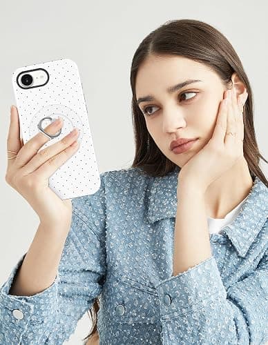 Jusy Compatible with Magsafe Polka Dot Phone Case for iPhone 16e, Cute Aesthetic Magnetic Ring Holder Stand Case, Soft TPU and Hard PC Protective Phone Cover for Women Girls - White Polka Dot thumbnail 7