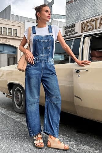 PLNOTME Womens Denim Bib Overalls Barrel Leg Adjustable Strap Jean Jumpsuit | 90s Outfits,Baggy Jumpers,Loose Overalls with Pockets thumbnail 4