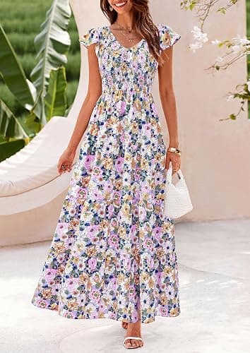 PRETTYGARDEN Women's Summer Flowy Maxi Dress Casual Cap Sleeve V Neck Smocked Beach Sundress thumbnail 2