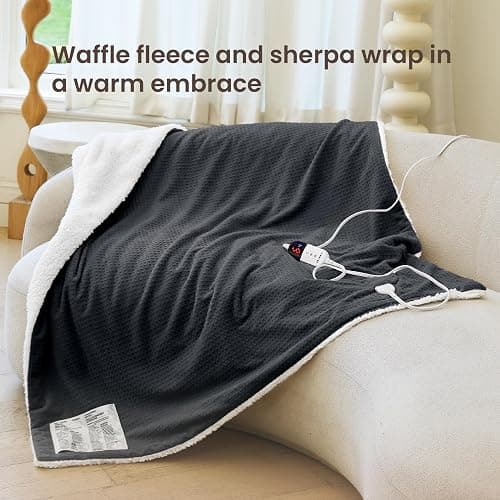 blunique Heated Blanket Electric Throw Waffle, 50x60 Inches Sherpa Fleece Fast Heating Blanket 6 Heating Levels & 4 Hours Auto Off ETL Certification,Charcoal Grey Throw thumbnail 2