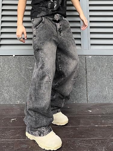 DFGIGT Men's Irregular Sutures Y2k Hip Hop Baggy Jeans Wide Leg Denim Pants Casual Loose Fit Trousers Streetwear thumbnail 3