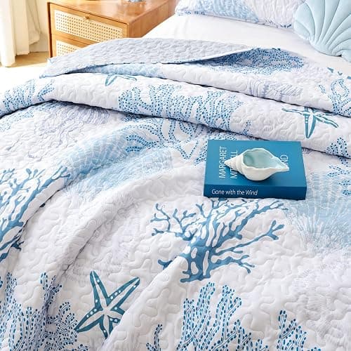 weigelia Coastal Quilt Queen Size, Blue Coral Lightweight Summer Bedding | Blue Coral Coastal Design, Soft Lightweight Microfiber, Machine Washable, Beach House Bedroom Decor, 2 Pillowcases, 90''x96'' thumbnail 8