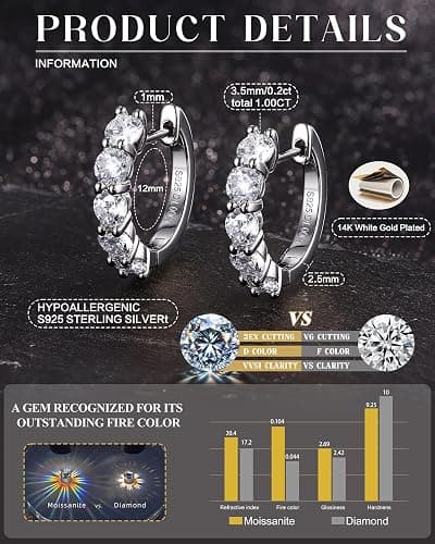 Moissanite Hoop Earrings,2.0ct D Color 14K Gold Plated Brilliant Round Cut Earrings S925 Sterling Silver Huggie Earring for Women Men thumbnail 4