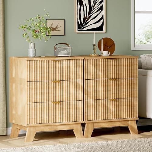Fluted Nightstand with Charging Station, 24" Wide Bedside Table with 3 Large Storage Drawers, Modern Wood Side Table Night Stand, End Table Small Dresser for Bedroom, Living Room, Dorm, Natural Oak thumbnail 7
