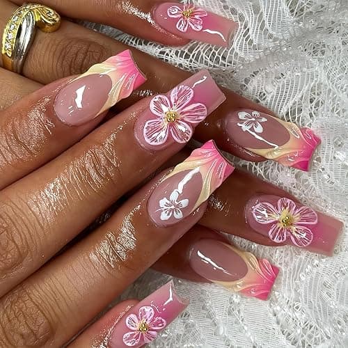 French Tip Press on Nails Medium Coffin Fake Nails with Embossed Flower Design Summer Floral Press on French Tip Nails Long Acrylic Nails Cute Glue on Nails 3D Hibiscus Stick on Nails for Women 24Pcs - embossed flowers - Image 1