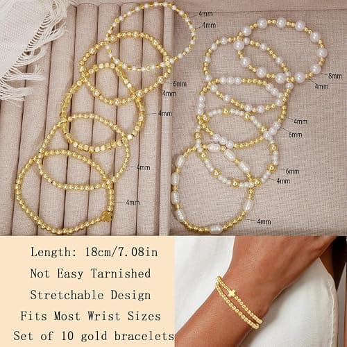COLOYAN 10PCS Gold Bracelets for Women Stack, Cross Beaded Strand Bead Ball Stackable Gold Bracelet, Pearl Beaded Bracelets Elastic Bracelet Set thumbnail 6