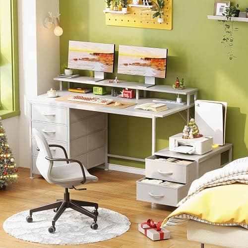 Flrrtenv Computer Desk with 6 Fabric Drawers, 39in Gaming Desk with Power Outlets & Fabric File Cabinet, Home Office Desk with Full Monitor Stand and Shelf, Study Writing Desk for Bedroom, White thumbnail 2