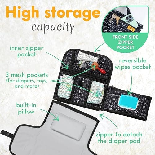 Kopi Baby Portable Diaper Changing Pad - Baby Diaper Changer Travel Bag with Wipes Pocket, Smart Design Portable Changing Mat, Infant Travel Station Kit, Gift for Newborn Girl & Boy - Black Arrows thumbnail 3