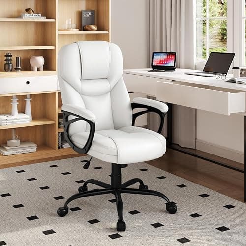 Yaheetech PU Leather High Back Office Chair Executive Ergonomic Desk Chair Swivel Computer Chair with Armrests, Adjustable Height, Home Office, White thumbnail 2