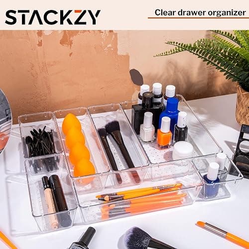 Stackzy Drawer Organiser Set – Makeup Organiser Tray for Drawers – Clear Cosmetics Container Tray for Bedroom – Utensil Cutlery Set Divider – Kitchen Storage & Organisation – 16pack thumbnail 7