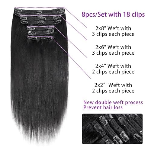 Mihugass Yaki Straight Clip Ins Real Human Hair For Black Women | #1B Natural Color, Clip Ins, Affordable, Natural Texture, Not Flat, Soft, Volume,Easy Install,Daily Wear,14 Inch thumbnail 3