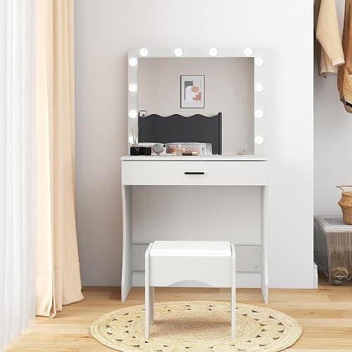 Panana Vanity Desk with Mirror and Lights, Vanity Set Makeup Vanity Table with Adjustable Lights One Drawer Storage Makeup Table with Stool Vanity Desk for Bedroom (White) thumbnail 4