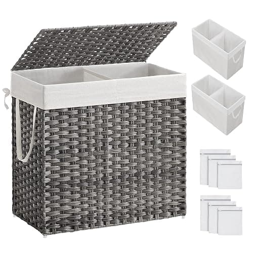SONGMICS 130L Clothes Hamper with Lid, 2 Removable Liner Bags, 6 Mesh Bags, Wicker, Double Laundry Basket for Bathroom, 13 x 26 x 23.6 Inches, Gray ULCB253G01 - Image 1