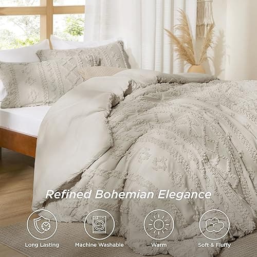 Bedsure Tufted Boho Comforter Set Queen Size - Linen Boho Bed Set, GentleSoft™ 3 Pieces Farmhouse Shabby Chic Embroidery Bedding, Gifts for Woman, Soft Jacquard Queen Comforter for All Seasons thumbnail 4