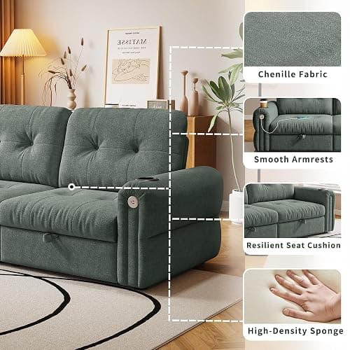 ZHCREAL 77" Queen Size Sofa Bed, Loveseat Sleeper Sofa with Pull Out Bed and USB, 2 Seater Convertible Small Couch for Living Room Bedroom Apartment (Green, Chenille) thumbnail 5