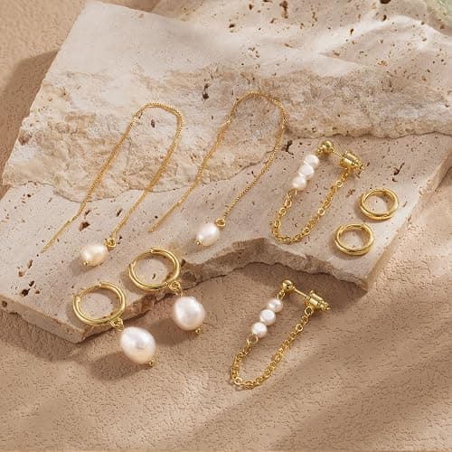 Moodear Gold Hoop Earrings for Women No Tarnish - Dainty Pearl Drop Dangle Huggie Hoops Trendy Earring Sets for Multiple Piercing Hypoallergenic Jewelry Gift thumbnail 6
