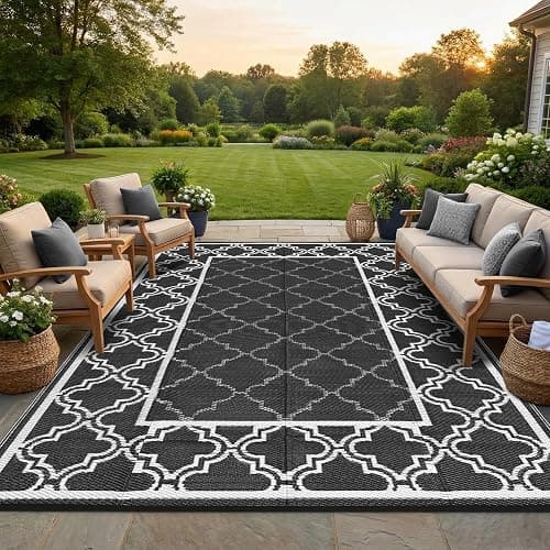 Garvee Reversible Outdoor Rug 9x12, Waterproof Outdoor Plastic Rug, Black | With Interlacing Pattern, RV Mat for Picnics, Patio, Camping, Balcony, Deck, Backyard, Porch thumbnail 6