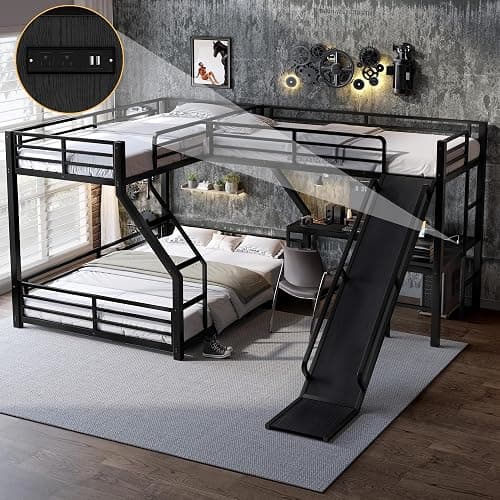 Bellemave Triple Bunk Beds, L-Shape Twin XL Over Queen Bunk Bed Attached a Loft Bed with Desk, Triple Bunk Bed with Slide and USB Ports, Metal Corner Bunkbed Frame for Three Boys Girls Teens, Black thumbnail 3