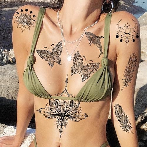 Bilizar 32 Sheets 89+ PCS Black Lotus Temporary Tattoos For Women Hands Adults Underboob, Tribal Indian Elephant Skull Snake Fake Tattoos, Bulk Bohemia Butterfly Tattoo Kit Sets Mandala Flower Moon thumbnail 4