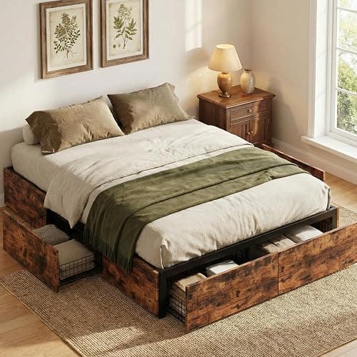 LIKIMIO Queen Bed Frame with Storage, 4 Drawers and Heavy Strong Metal Support Frames, Solid Stable, Noise-Free, No Box Spring Needed, Easy Assembly, Vintage Brown thumbnail 8