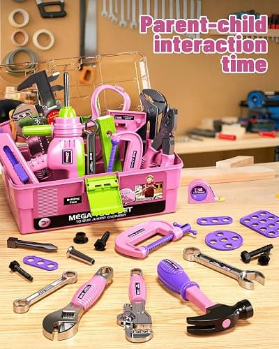 Deejoy Tool Set with Tool Box & Electronic Toy Drill, Pretend Play Kids Construction Kits for Kids Ages 3-5 Years Old, Toddler Tool Set(Pink) thumbnail 6