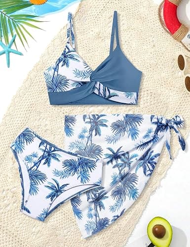Girls Swimsuit, Bathing Suits 3 Piece Tropical Floral Twist Cross Bikini Sets Girls' Swimwear with Cover Up Skirt 7-16T - 7-8 - Grey Blue Palm thumbnail 4