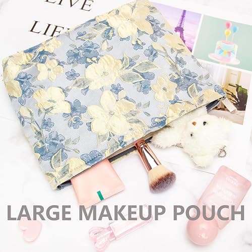 PAZIMIIK Makeup Bag Large Cotton Zipper Pouch for Purse Travel Canvas Make Up Organizer for Women Cosmetic,Brocade Blue - Brocade Blue Flower thumbnail 5