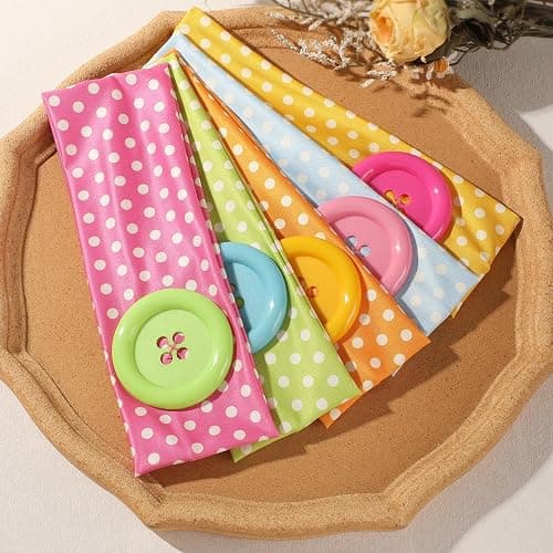 Weazppre Polka Dot Head Bands for Women, Wide Stretchy Cloth Headbands with Big Buttons,5-Pack Cute Hair Accessories Gifts for Daily Wear, Cosplay, Party and Retro Style (Bright, candy-colored) thumbnail 4