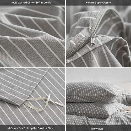 MooMee Striped Duvet Cover Set 100% Washed Cotton Linen Like Textured Breathable Durable Soft Comfy (Light Grey White Wide Stripes, Oversized Queen 98"x98") thumbnail 6